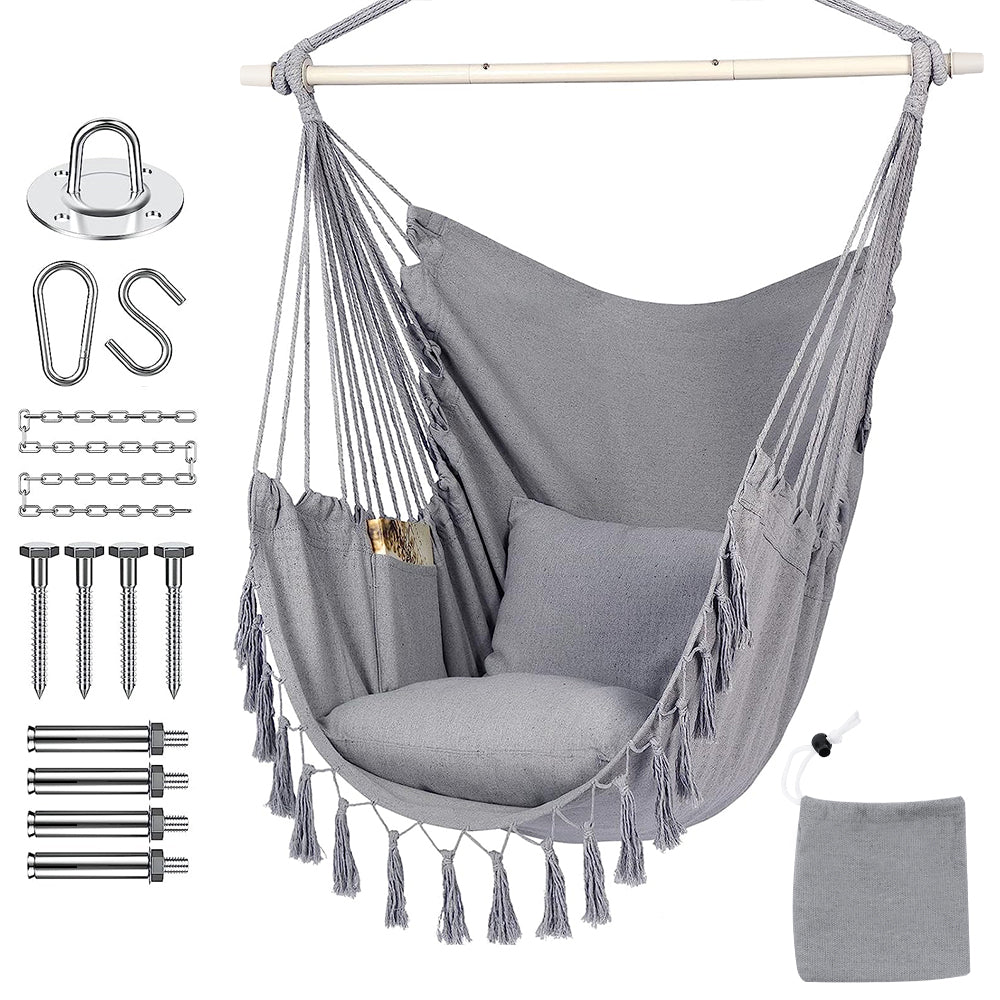 HYPERANGER Hammock Chair Hanging Rope Swing with 2 Cushions-Grey_1
