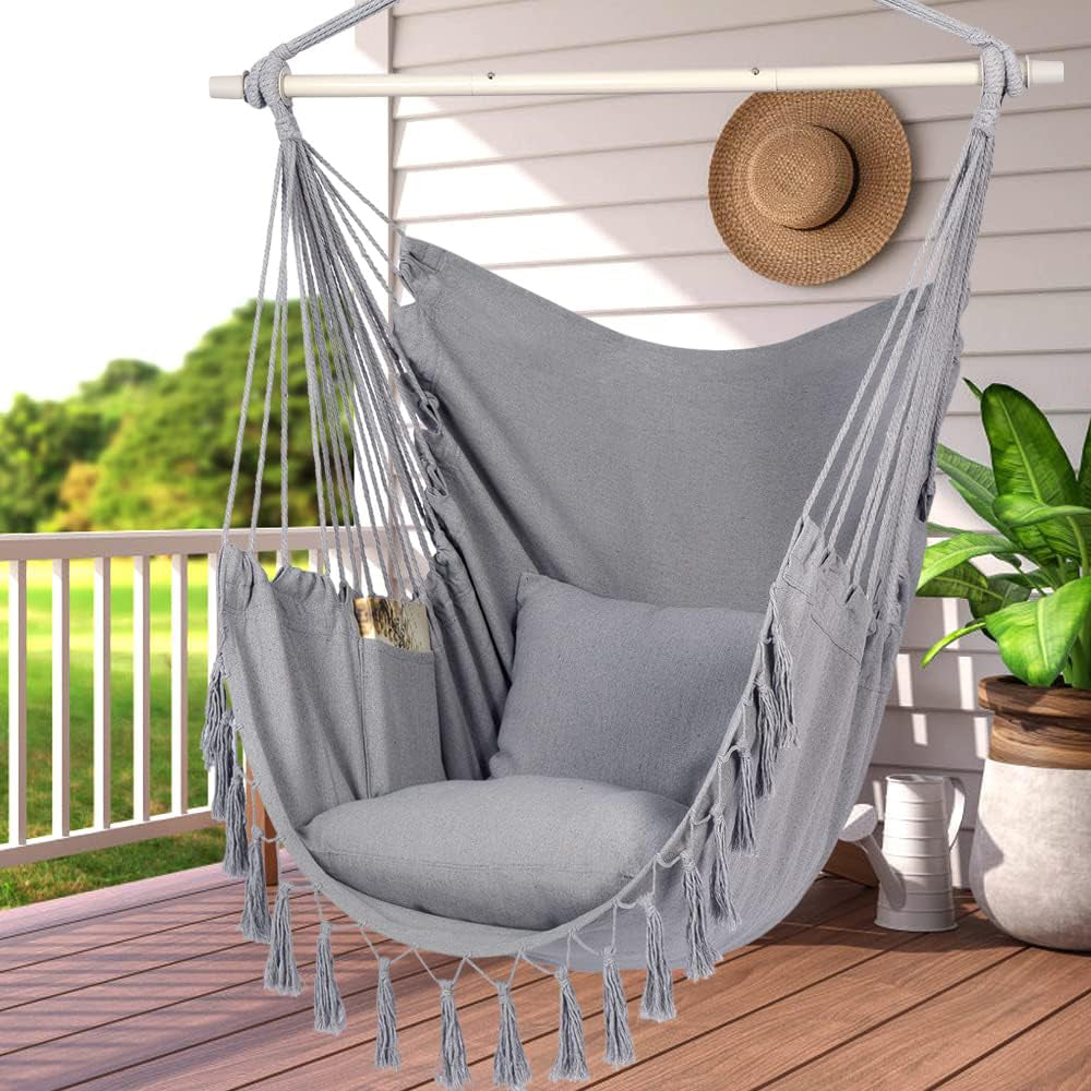 HYPERANGER Hammock Chair Hanging Rope Swing with 2 Cushions-Grey_8
