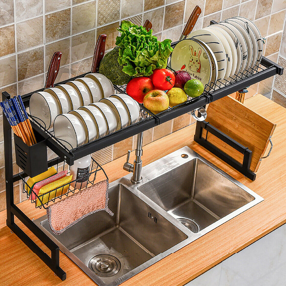 85cm Stainless Steel Over Sink Dish Drying Rack 2-Tire Kitchen Organizer_0